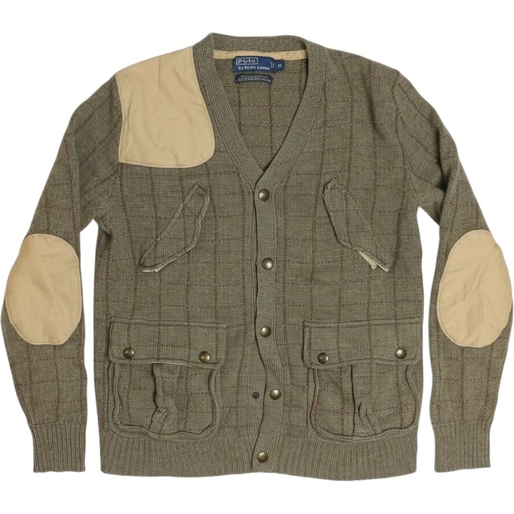 Polo Ralph Lauren Hunting Cardigan Mens M Green Excellent Wool Elbow Patch Snap
